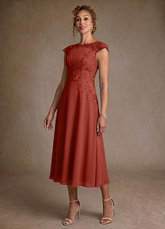 Azazie Crista 신부의 어머니 드레스 A라인 레이스 쉬폰 티 길이 드레스 image4