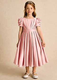 Azazie Miriam Blumenmädchenkleider Ballkleid Plissee Matte Satin Kleid Rosettenrosa image4