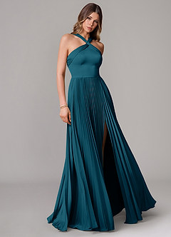 Azazie Afra Bridesmaid Dresses Ink Blue A-Line Pleated Stretch Satin Dress image1