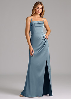 Azazie Aretha Jurken voor bruidsmeisjes Converteerbaar Jurk van Stretch Satijn met A-Lijn Strapless Stoffig Blauw image6