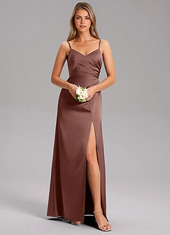 Azazie Azuree Bridesmaid Dresses Espresso A-Line Pleated Stretch Satin Dress image3