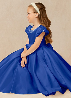 Azazie Jewel vestidos de niña de las flores Vestido de Azul Real de Satin Mate de Princesa con Plisado image3