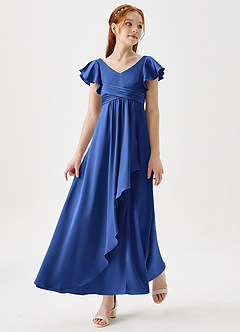 Azazie Omari Junior Royal Blue A-Line Pleated Stretch Satin Dress image1