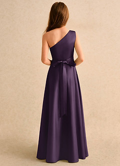 Azazie Puddles Girls Formal vestidos de niña de las flores Vestido de Ciruela de Satin Mate de Corte en A con Hombro unilateral image3