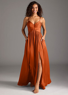 Azazie Alia Vestidos de damas de honor Vestido de Naranja Quemada de Satén Elástico de Corte en A con Plisado image5
