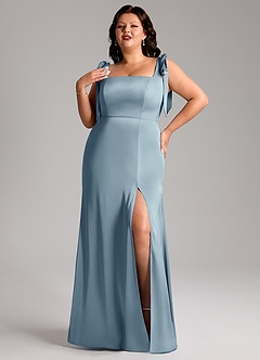 Azazie Frostine Bridesmaid Dresses Dusty Blue A-Line Bow Stretch Satin Dress image9