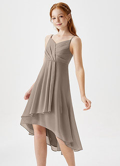 Azazie Mariam Junior Taupe A-Line Pleated Chiffon Dress image1
