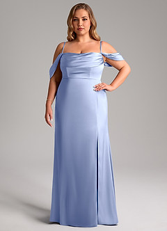 Azazie Saige Bridesmaid Dresses Ice Sheath Off the Shoulder Stretch Satin Dress image15