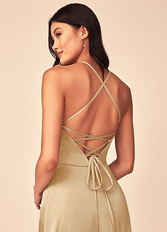 Azazie Mei Bridesmaid Dresses Gold A-Line V-Neck Stretch Satin Dress image3