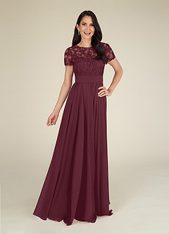 Azazie Annette At-home Try On Dresses Cabernet A-Line Lace Chiffon Dress image3