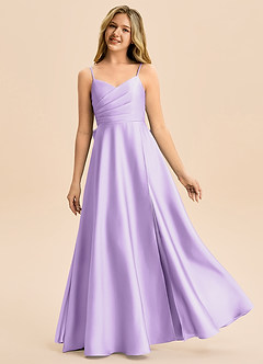 Azazie Rumi Junior A-Line Plisseret Stræk satin Gulv-længde Junior brudepige Kjole image1