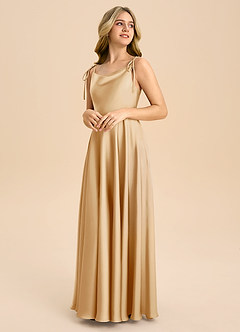 Azazie Popsy Junior Vestido de Oro de Satén Elástico de Corte en A con Lazo image4