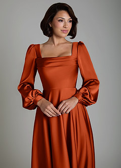 Azazie Solana Brautjungfernkleider A-Linie Langarm Stretch-Satin Kleid Paprika image3