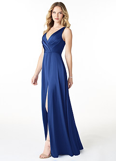 Azazie Nelly Bridesmaid Dresses Royal Blue A-Line V-Neck Pleated Stretch Satin Dress image2