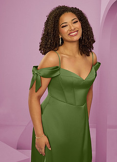 Barbie ♥ Azazie Robes de demoiselle d'honneur Robe Trapèze en Satin extensible Épaule décolletée Genévrier image14