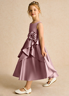 Azazie Hermia Robe Demoiselle D'honneur Fillette Robe Trapèze en Mat Satiné Sans manches Rose Poussiéreuse image4