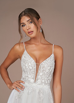 Azazie Celandine Wedding Dresses Diamond White Frost A-Line V-Neck Sequins Tulle Dress image6