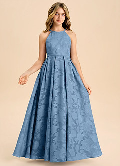 Azazie Arianthe Junior Steel Blue A-Line Pleated Floral Burnout Dress image3