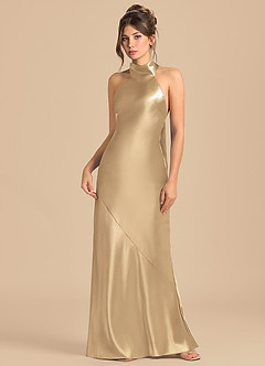 Azazie Velli 신부 들러리 드레스 쉬스 하이넥 메탈릭 새틴 바닥 길이 드레스 image3