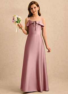 Azazie Kapri Girls Formal Vestidos de florista Vestido Rosa Empoeirada de Cetim elástico de Linha A com Franzido image1