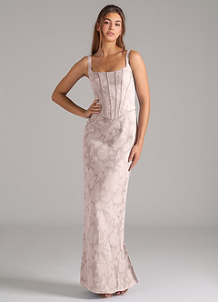Azazie Kenna Bridesmaid Dresses Blushing Pink Sheath Side Slit Floral Burnout Dress image1
