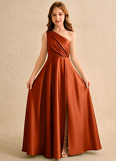Azazie Puddles Girls Formal Robe Demoiselle D'honneur Fillette Robe Trapèze en Satin extensible Une épaule Paprika image5