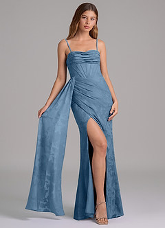 Azazie Amyra Jurken voor bruidsmeisjes Converteerbaar Jurk van Bloemen Burn-out met Zeemeermin Off the Shoulder Staal Blauw image6