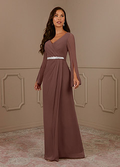 Azazie Belinda Mother of the Bride Dresses Espresso A-Line V-Neck Pleated Chiffon Dress image1