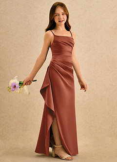 Azazie Cannoli Girls Formal Blomsterpigekjoler A-Line Plisseret Mat satin Gulv-længde Kjole image1
