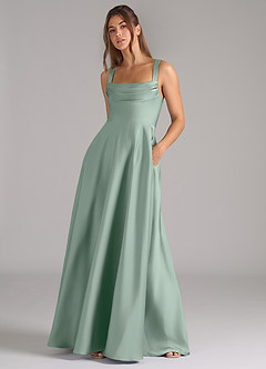 Azazie Shaude Bridesmaid Dresses Agave A-Line Pleated Stretch Satin Dress image5
