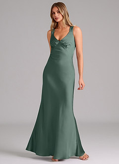 Azazie Kamila Abiti da Damigella Abito A-Line in Raso Elasticizzato Plissettato Muschio Marino image3