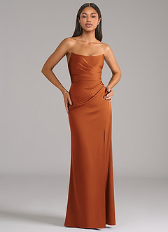 Azazie Marla Vestidos de damas de honor Vestido de Canela de Satén Elástico de Corte Recto Convertible con Sin tirantes image1