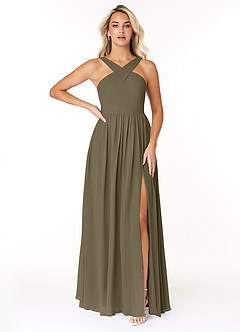 Azazie Elvira Vestidos de damas de honor Vestido Verde Sauce de Gasa de Línea A con Plisado image1