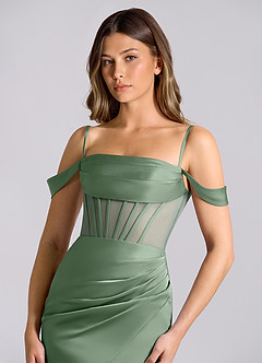 Azazie Alyce Robes de demoiselle d'honneur Robe Sirène Convertible en Satin extensible Épaule décolletée Matcha image6