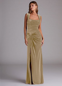 Azazie Genesis Bridesmaid Dresses Golden Tan Sheath Pleated Velvet Dress image3