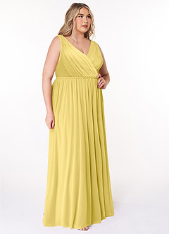Azazie Tanicia Bridesmaid Dresses Canary A-Line V-Neck Pleated Mesh Dress image8