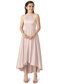 Azazie Jemima Junior Blushing Pink A-Line with Pockets Stretch Satin Dress image4