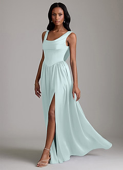 Azazie Novi At-home Try On Dresses Sky Blue A-Line with Pockets Stretch Satin Dress image6