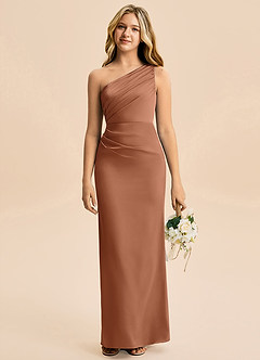 Azazie Akilah Junior Robe Fourreau en Satin extensible Plissée Bronze image1