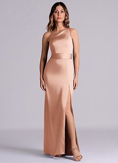 Azazie Philana Bridesmaid Dresses Rose Gold A-Line One Shoulder Stretch Satin Dress image8