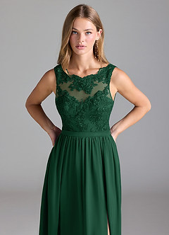 Azazie Elly Bridesmaid Dresses Dark Green A-Line Lace Stretch Satin Dress image5