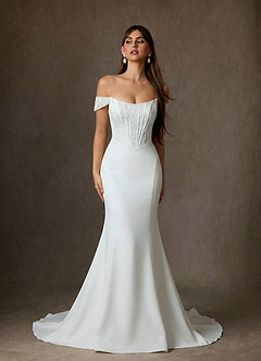 Azazie Yamelle Wedding Dresses Diamond White Mermaid Off the Shoulder Satin Dress image1
