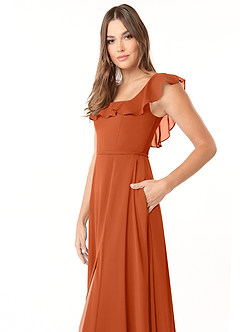 Azazie Jinny Robes de demoiselle d'honneur Robe Trapèze en Mousseline de soie Encolure carrée froncée Orange Brûlée image5