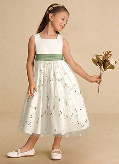 Azazie Pollie Flower Girl Dresses Ivory Dusty Sage A-Line Bow Tulle Dress image4