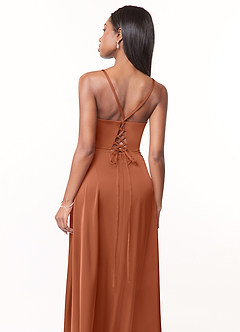 Azazie Maksim Bridesmaid Dresses Cedar Rose A-Line V-Neck Stretch Satin Dress image3