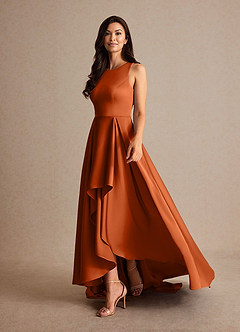 Azazie Niles Vestidos para mãe da noiva Vestido Laranja Queimada de Cetim elástico de Linha A com Trens image3