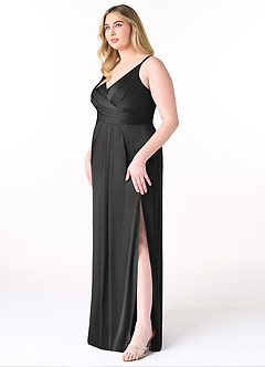 Azazie Aqua Vestidos de damas de honor Vestido de Negro de Satén Elástico de Corte en A con Cuello en V plisado image10
