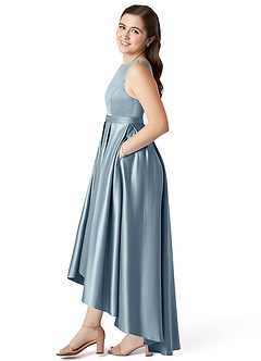 Azazie Inaya Junior Dusty Blue A-Line with Belt Stretch Satin Dress image3