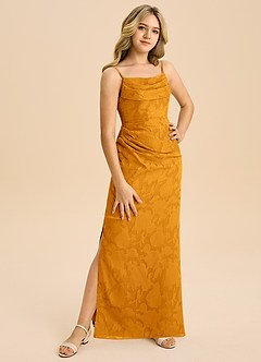 Azazie Mai Junior Butterscotch Sheath Pleated Floral Burnout Dress image4