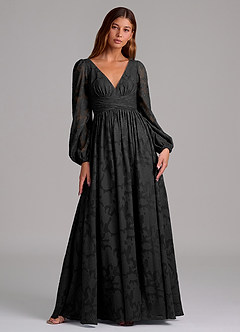 Azazie Norah Bridesmaid Dresses Black A-Line Long Sleeve Floral Burnout Dress image1
